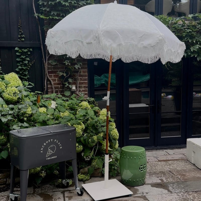 Soft White Fringe Market Umbrella