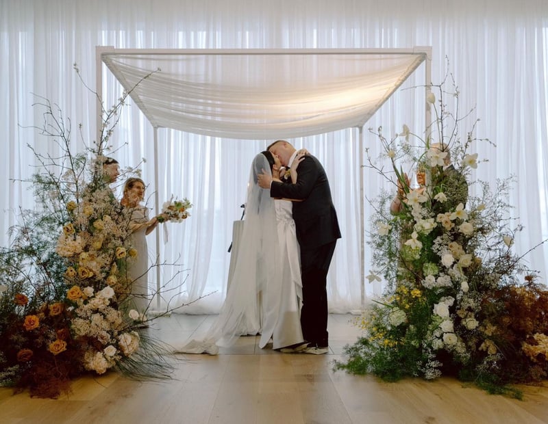 Thin White Wood Chuppah with Canopy, Draping and Setup