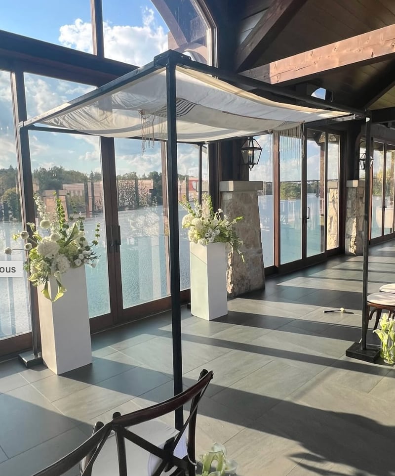 Thin Black Wood Chuppah with Canopy, Draping and Setup