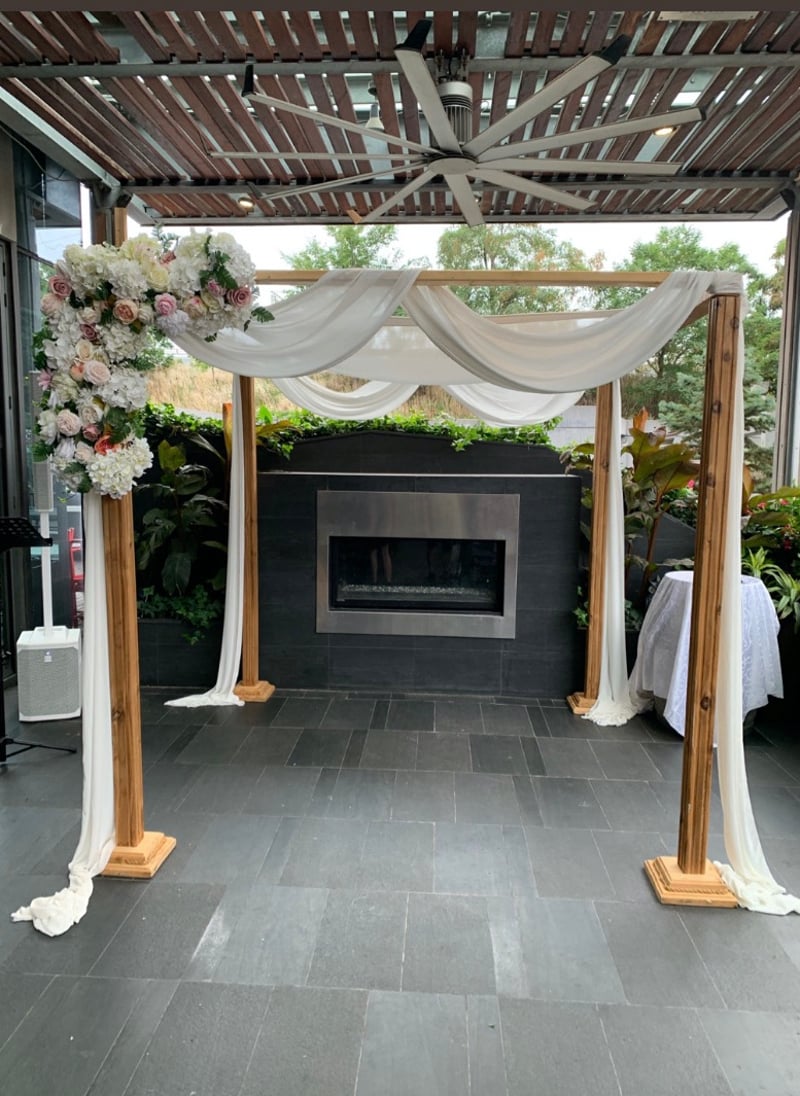 Natural Cedar Chuppah with Canopy, Draping and Setup