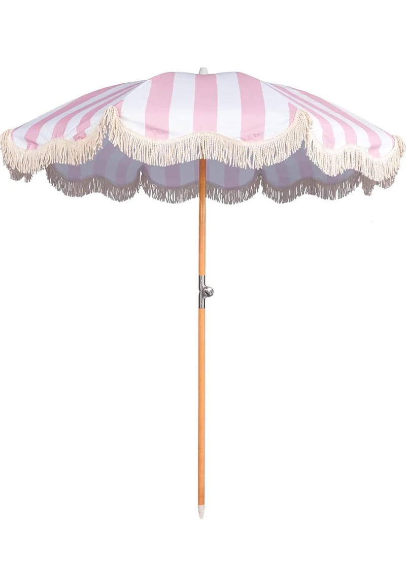 Pink and White Wide Stripe Fringe Umbrella