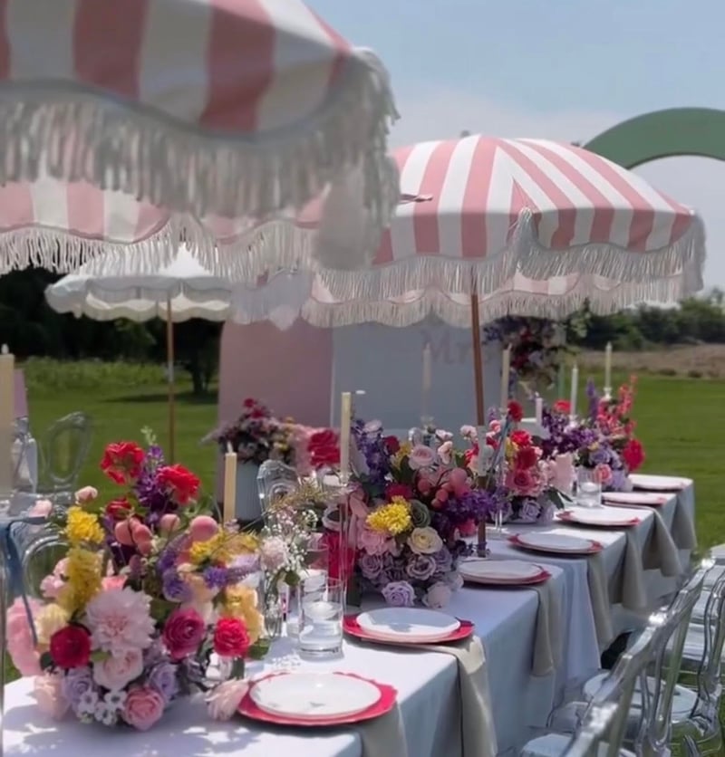 Pink and White Wide Stripe Fringe Umbrella